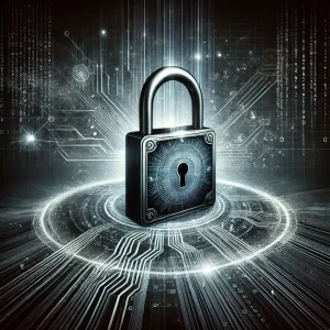 A conceptual digital artwork for depicting the theme of strong password security. The image features a large, sturdy padlock