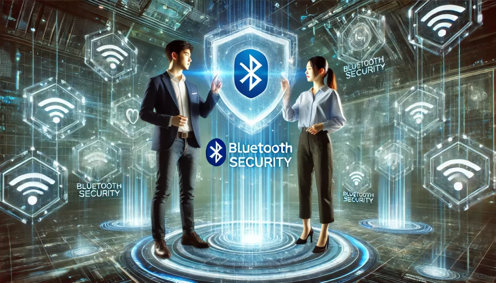 A dynamic and engaging digital illustration depicting a concept of Bluetooth security in a futuristic setting.