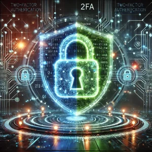 A modern digital artwork of a secure digital environment, visually depicting two-factor authentication (2FA) as a concept. The image features a symbol