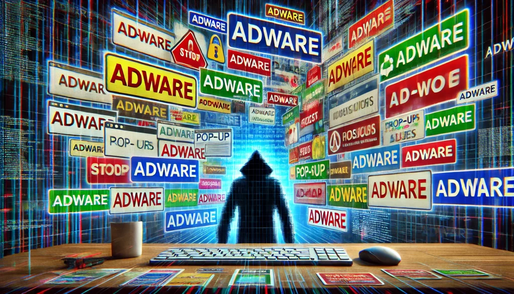 A digital art illustration depicting the concept of adware in a cybersecurity context. Visualize a computer screen overwhelmed with pop-up ads, creati