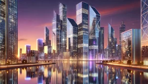 A serene digital landscape_ A futuristic cityscape at dusk, featuring sleek, glowing skyscrapers with a variety of geometric shapes. The sky is painted